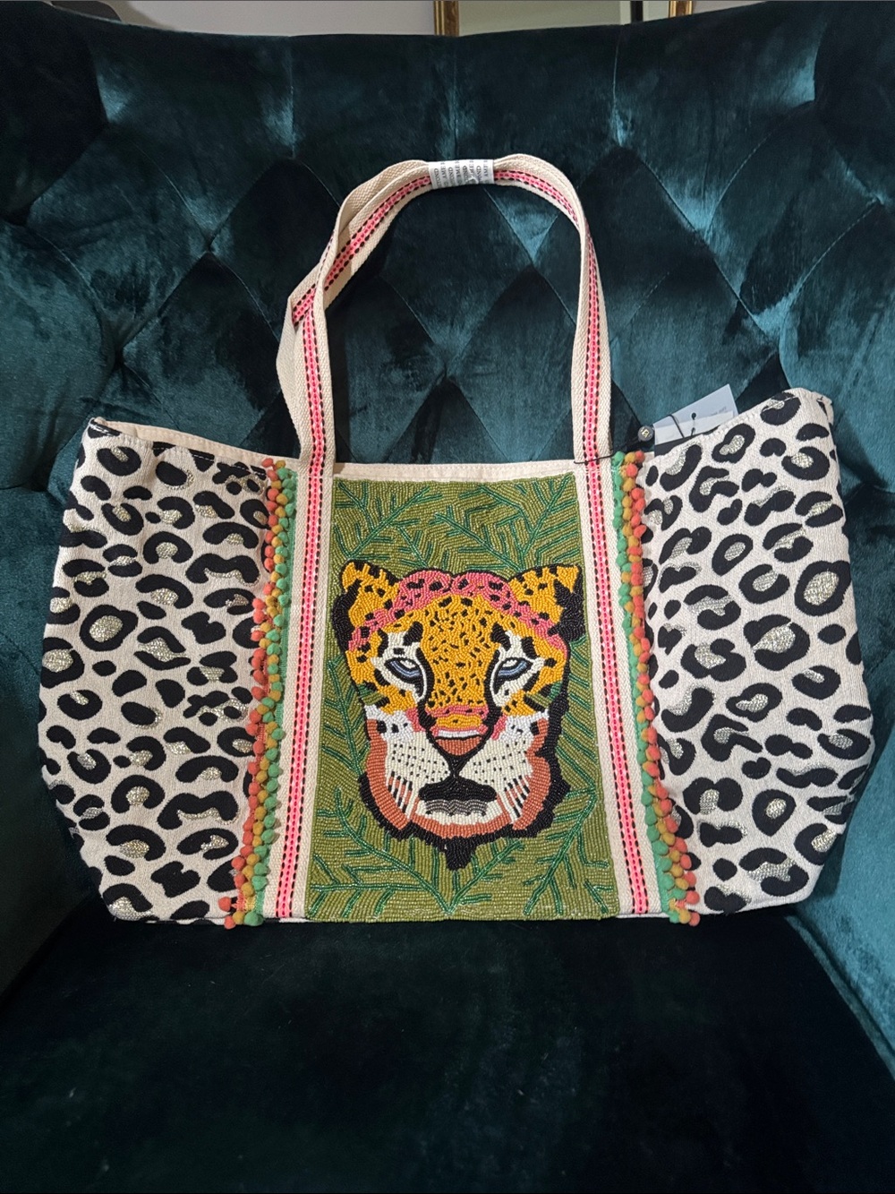 NWT America & Beyond Forestry Leopard Embellished Tote Hand-Beaded Oversized Bag